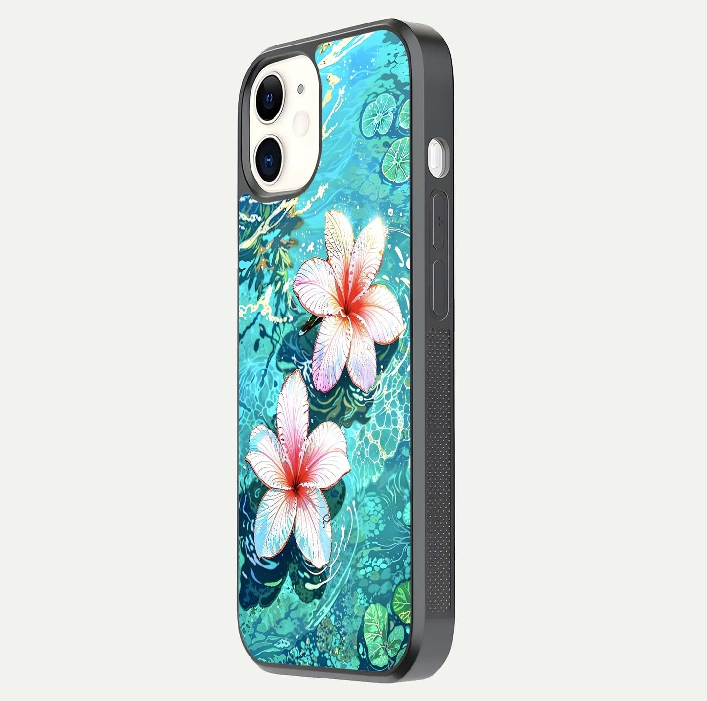 Pink Flowers in Water Glass Case for iphone-12 side-angle image showing reflection and depth of detail