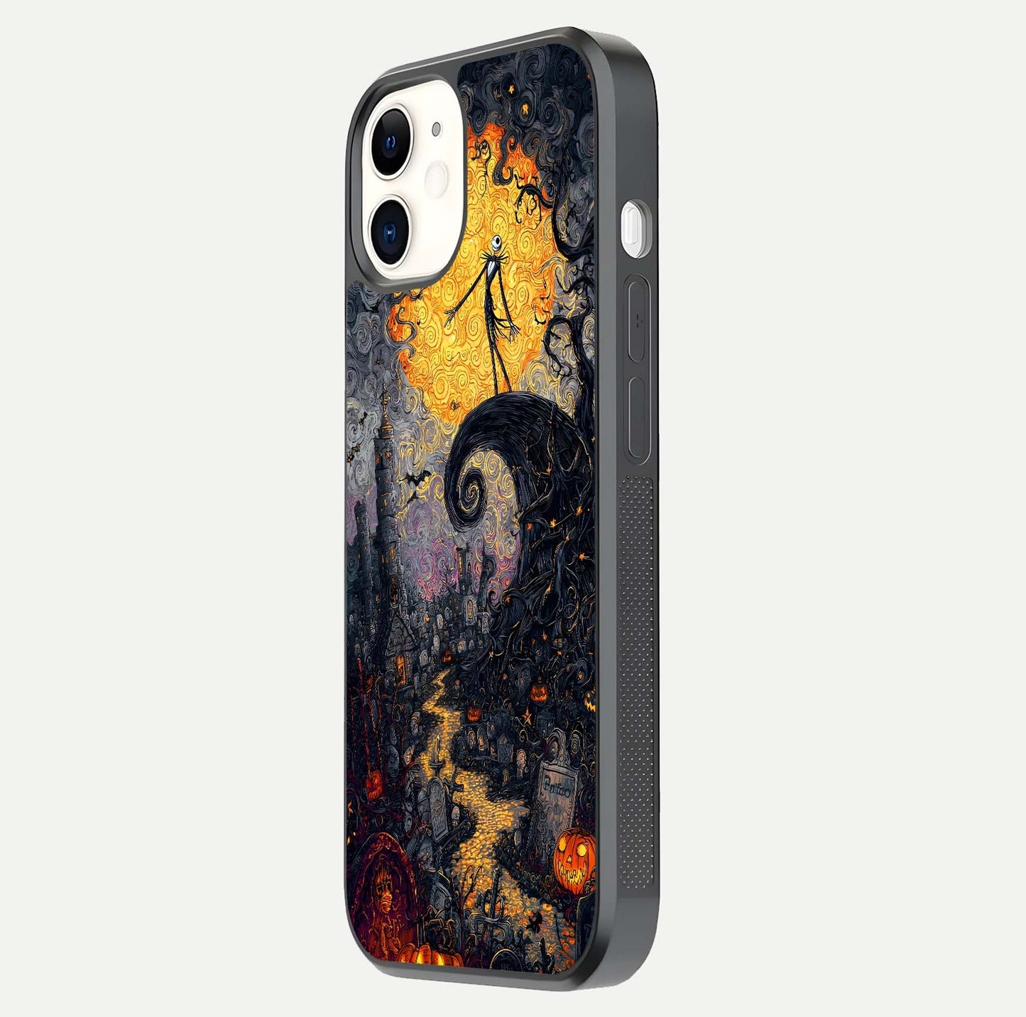 Pumpkin Moon Night Glass Case for iphone-12 side-angle image showing reflection depth and pumpkin pattern