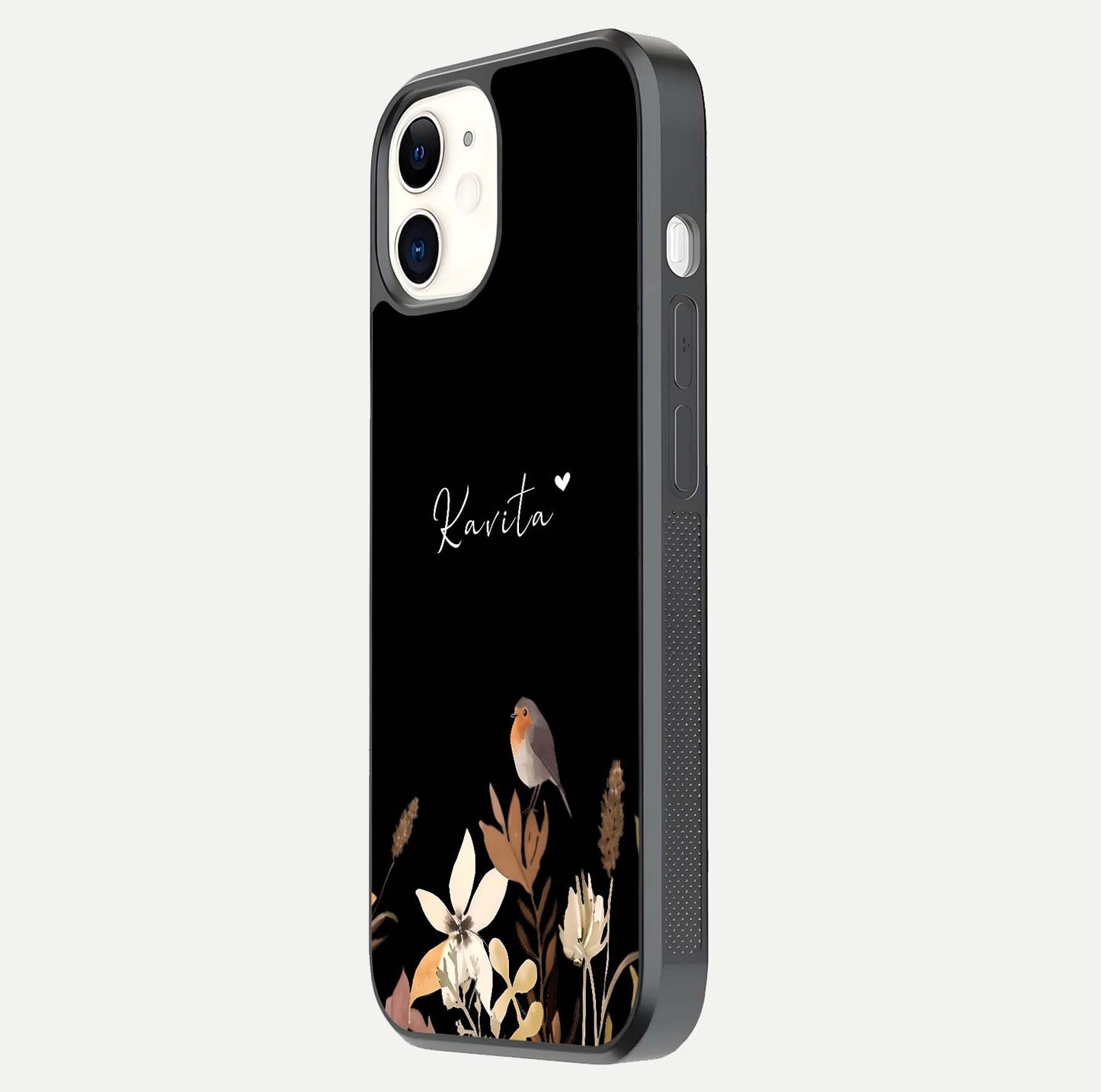Quiet Garden Tune Custom Name Glass Case for iphone-12 side-angle image showing reflection and floral design