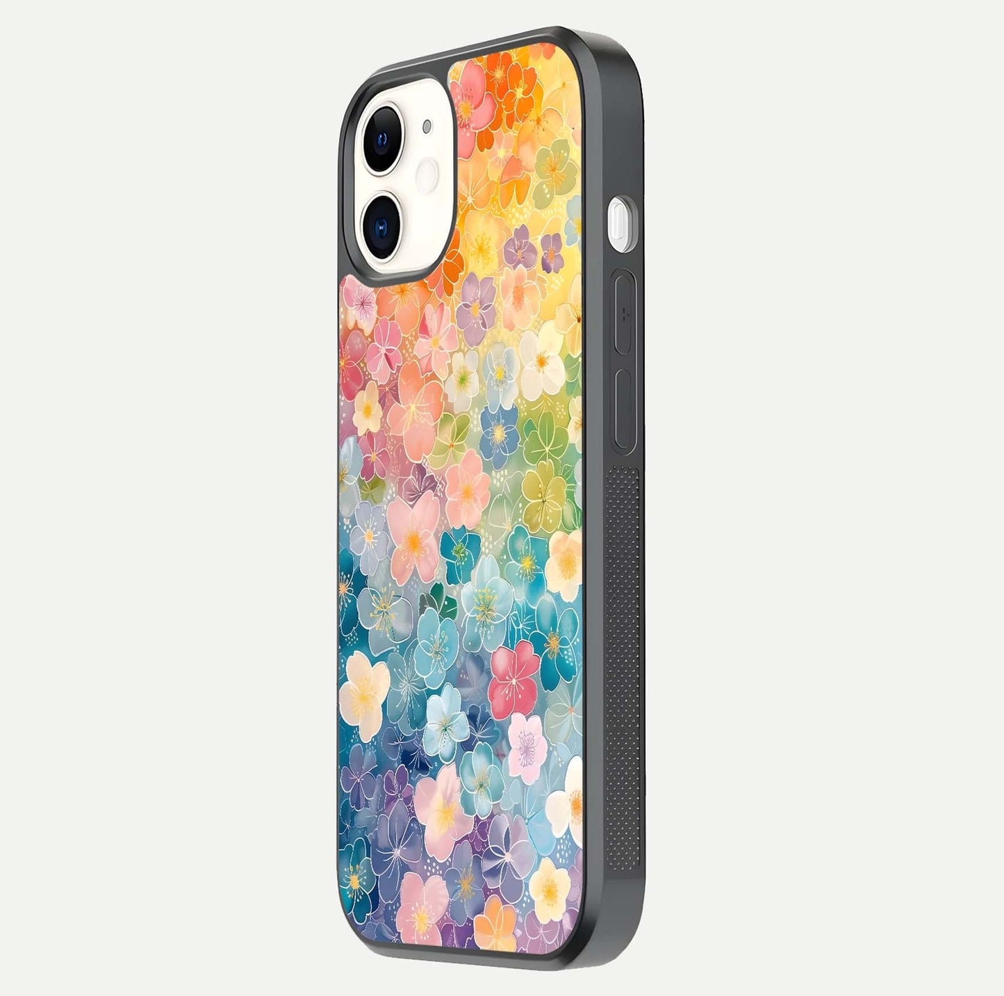 Rainbow Blossom Burst Glass Case for iphone-12 side-angle image showing reflection and floral burst detail