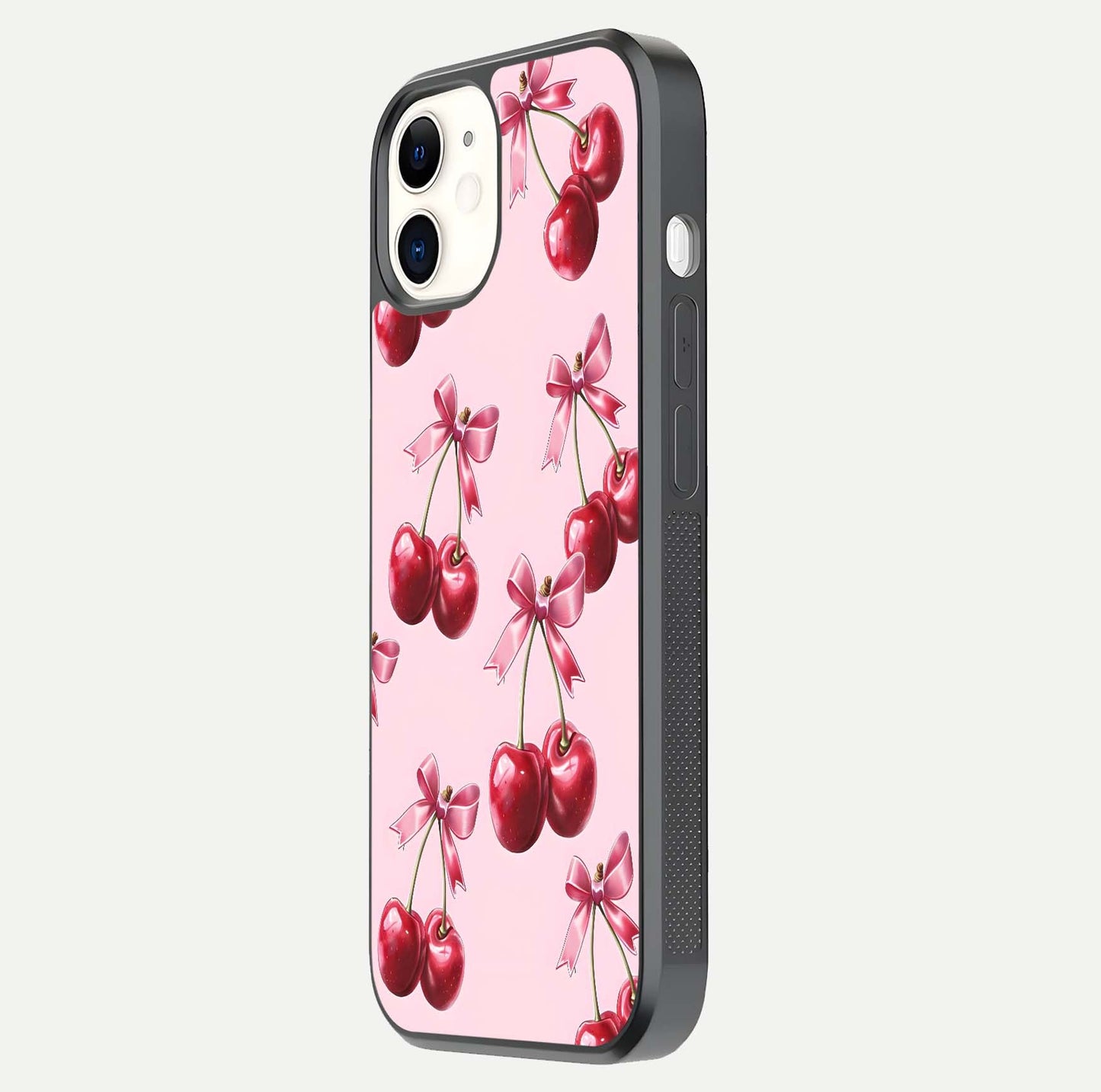 Red Cherries Pattern Glass Case for iphone-12 side-angle image showing gloss surface and cherry details
