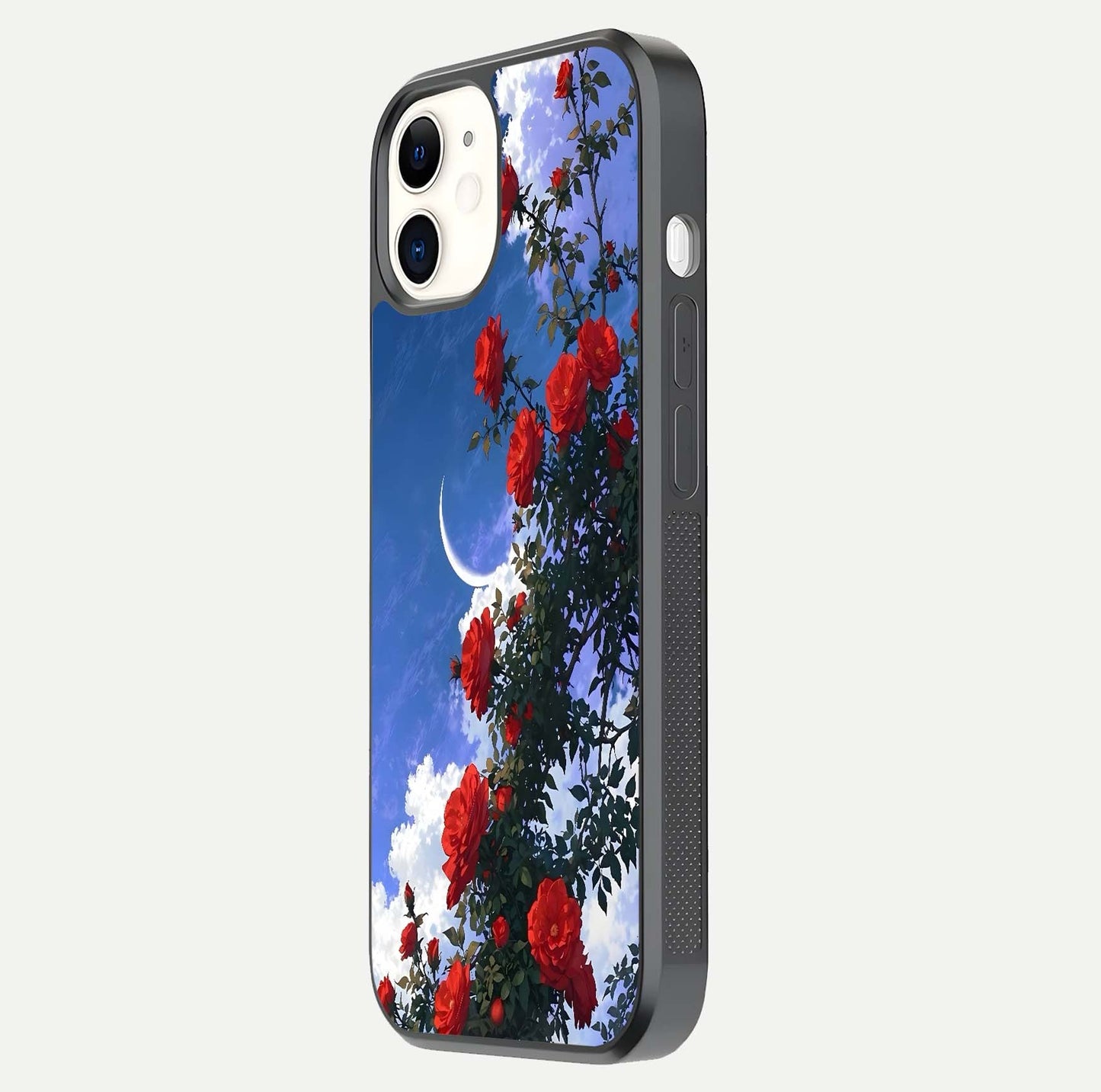 Rose Drift Flowers Glass Case for iphone-12 side-angle image showing reflection and petal detail