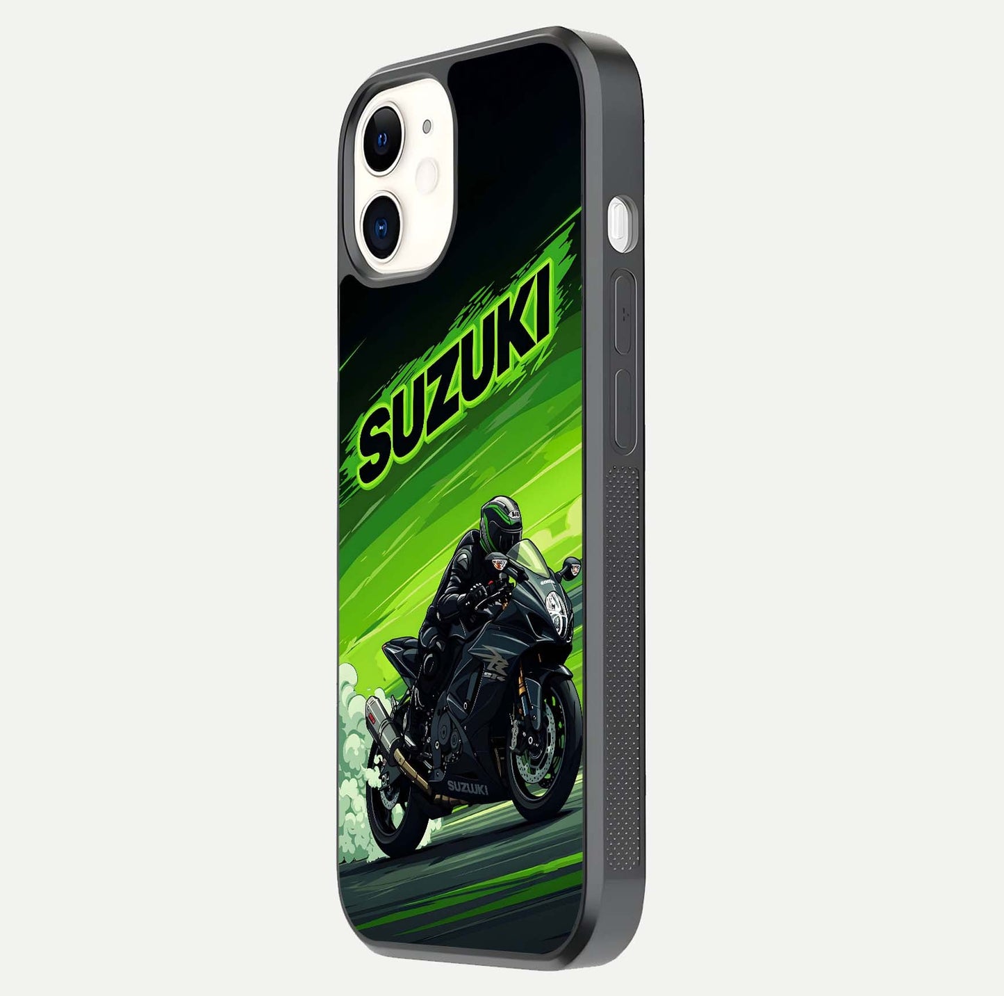 Suzuki Speed Beast Glass Case for iphone-12 side-angle image showing reflection, gloss, and car detailing