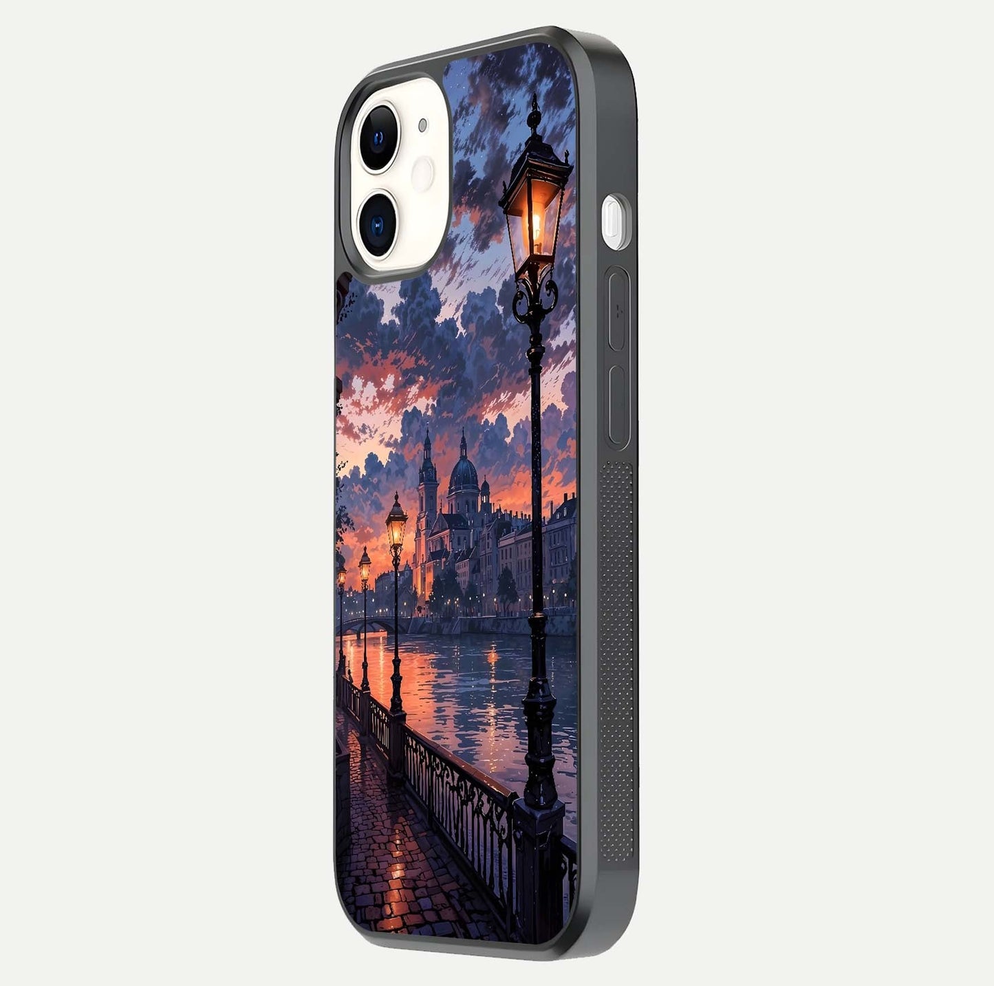 Twilight River Lights Glass Case for iphone-12 side-angle image showing reflections, lighting, and gradient tones