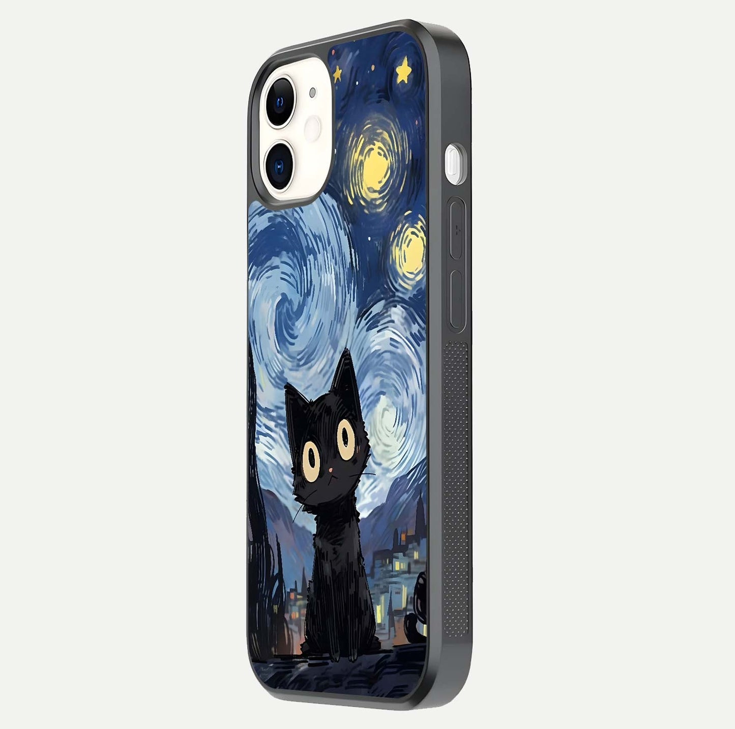 Van Gogh Cat Glass Case for iphone-12 side-angle image showing light reflection and vivid artwork
