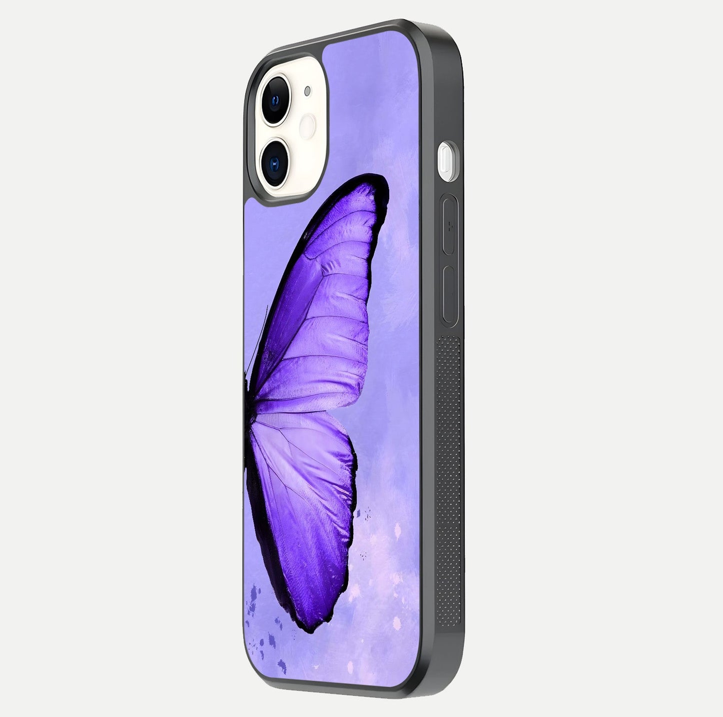 Violet Dream Wing Glass Case for iphone-12 side-angle image showing gloss, shine, and violet gradient