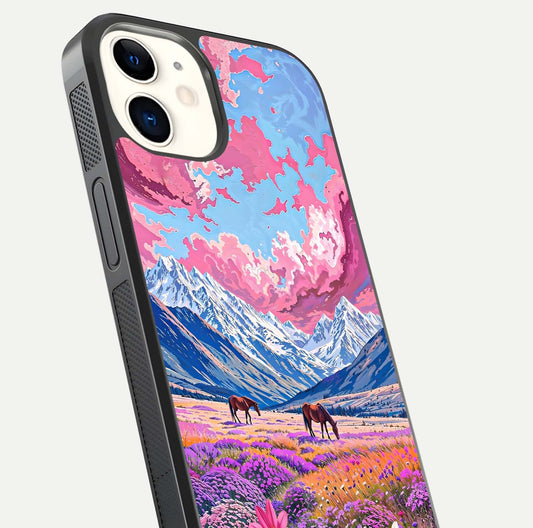 Blossom Valley Dream Glass Case for iphone-12 close-up view showing detailed flower print and pastel hues