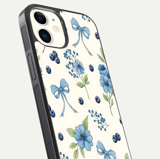 Blue Flower & Bow Glass Case for iphone-12 close-up shot highlighting ribbon detail and flower gloss finish