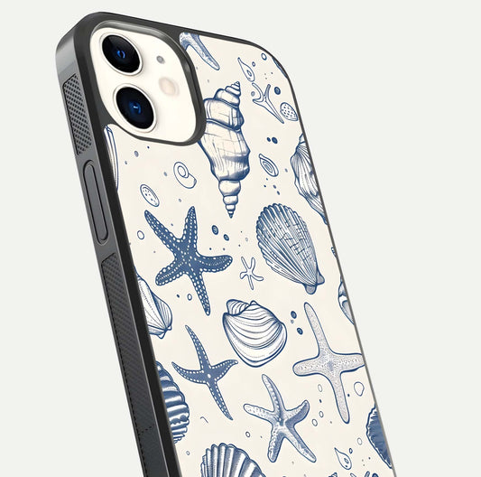 Blue Ocean Outline Glass Case for iphone-12 close-up shot highlighting line art details and reflection texture