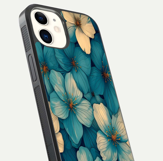 Blue Shade Floral Glass Case for iphone-12 close-up angle showing flower print precision and reflection