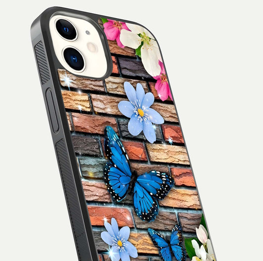 Brick Bloom Flight Glass Case for iphone-12 close-up angle highlighting flower clusters and reflection detail