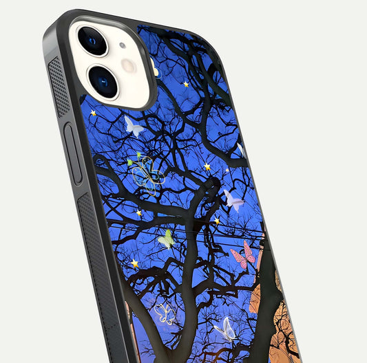 Butterfly Night Magic Glass Case for iphone-12 close-up highlighting wings reflection and gloss shimmer
