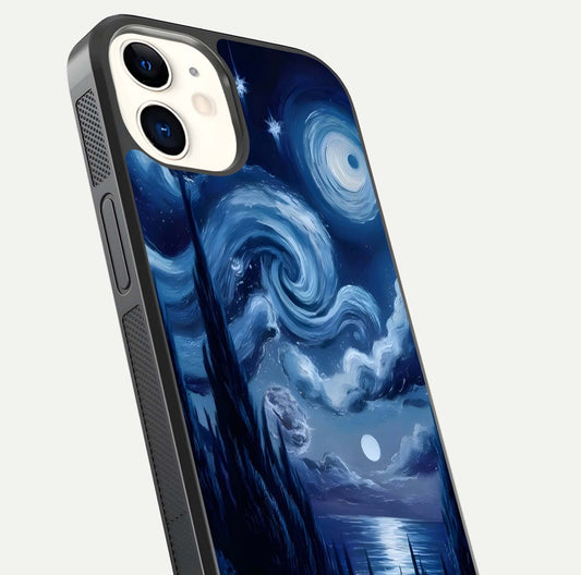 Celestial Dream Van Gogh Glass Case for iphone-12 close-up view capturing vivid brush details and star reflection