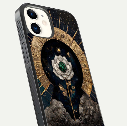 Celestial Lotus Morang Glass Case for iphone-12 close-up highlighting pink lotus petals and reflection