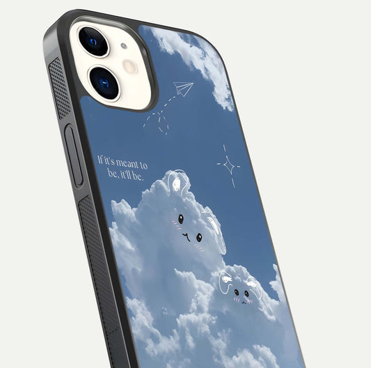 Cloud Bunny Dreams Glass Case for iphone-12 close-up showing bunny art, dreamy clouds, and HD shine