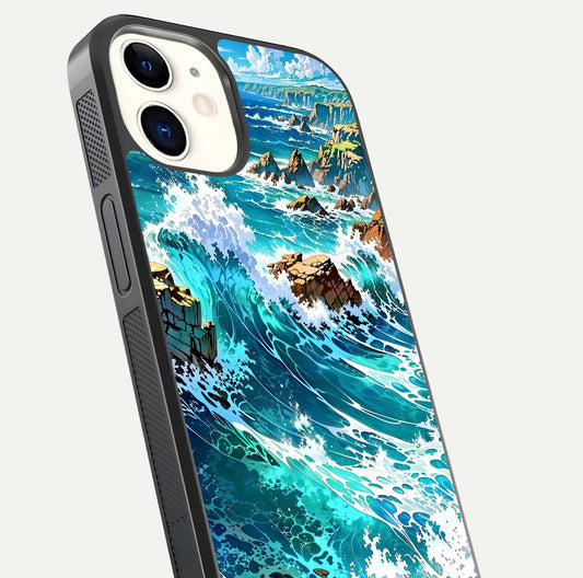 Coastal Blue Waves Glass Case for iphone-12 close-up highlighting wave texture and blue shine