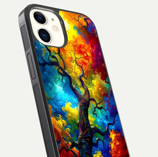 Colorful Tree Glass Case for iphone-12 close-up highlighting leaf detail, gradient colors, and shine