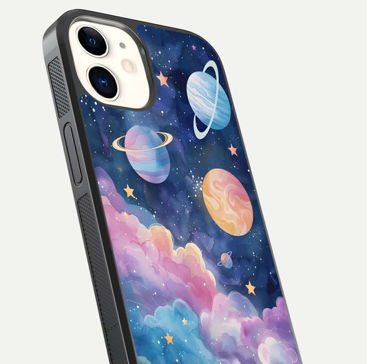 Cosmic Planet Dreams Glass Case for iphone-12 close-up highlighting planetary details and reflection glow