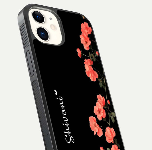Crimson Bloom Grace Custom Name Glass Case for iphone-12 close-up highlighting flower pattern and reflection texture