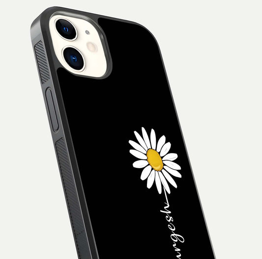 Custom Name White Flower Glass Case for iphone-12 close-up highlighting petals, name print, and reflection polish