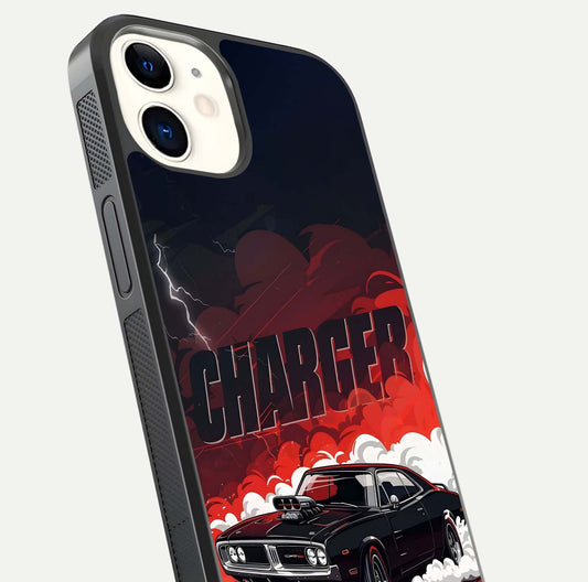 Dark Charger Fury Glass Case for iphone-12 close-up highlighting car reflection and light gloss