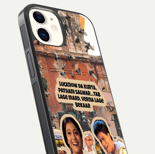 Desi Retro Vibes Glass Case for iphone-12 close-up highlighting retro color palette and reflection glow
