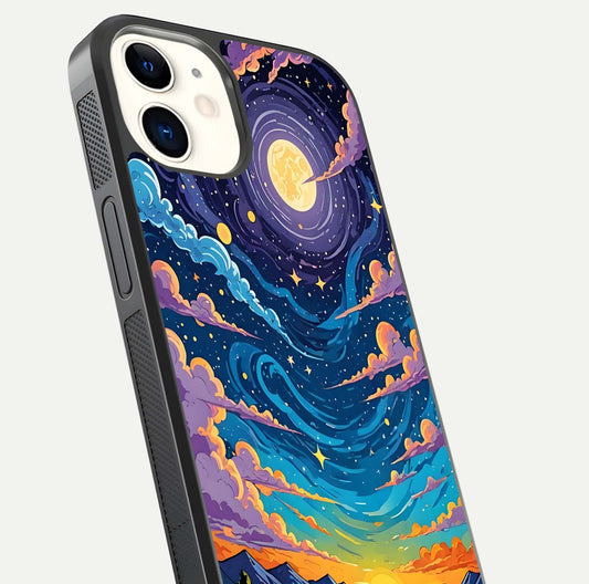 Dreamy Night Landscape Glass Case for iphone-12 close-up highlighting stars and reflection tone