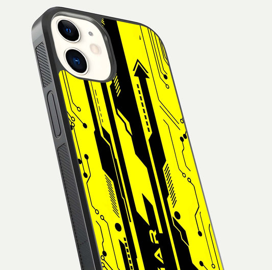 Electric Pulse CYBERPUNK Custom Name Glass Case for iphone-12 close-up highlighting tech pattern, lighting effect, and reflection shine