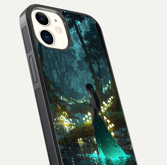 Enchanted Forest Glow Glass Case for iphone-12 close-up highlighting trees, lights, and reflection texture