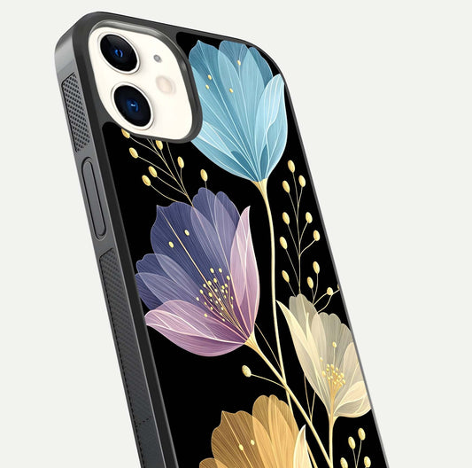 Flower Bloom Glow Glass Case for iphone-12 close-up highlighting bloom detail and reflection polish