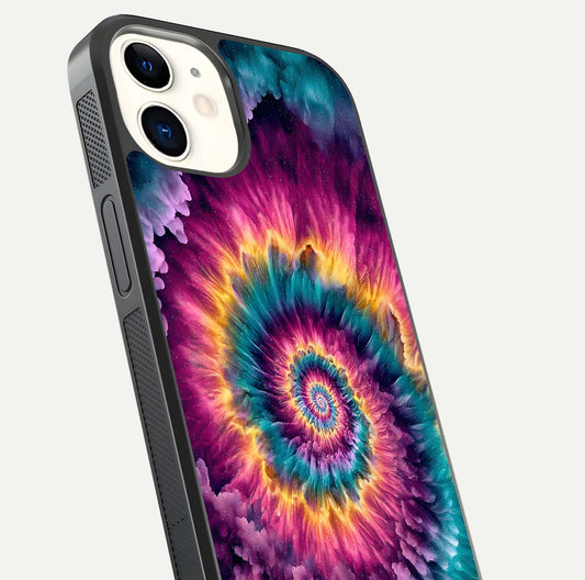 Galactic Spiral Burst Glass Case for iphone-12 close-up angled shot showing spiral burst detail, neon tones, and glossy reflection