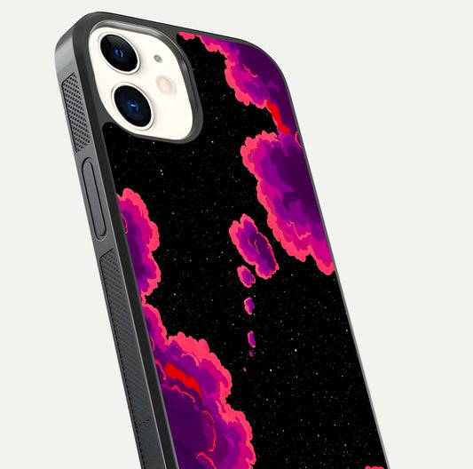 Galaxy Dream Frame Glass Case for iphone-12 close-up angled shot showing nebula patterns and reflection glow
