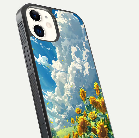 Golden Sun Glory Glass Case for iphone-12 close-up angled shot showing sunlight reflection and gold detailing