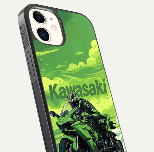 Green Kawasaki Glass Case for iphone-12 close-up angled shot showing sporty line details and reflection shine