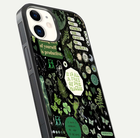 Green Moon Energy Glass Case for iphone-12 close-up angled shot showing glowing lunar detail and reflection shine