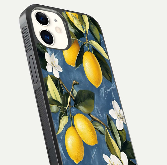 Lemon Dream Garden Glass Case for iphone-12 close-up angled shot showing fruit details and shine reflection