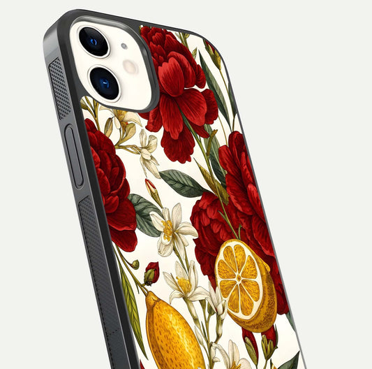 Lemon Rose Charm Glass Case for iphone-12 angled close-up showing vivid rose details and HD glass reflection