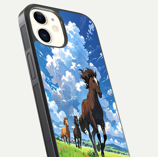 Majestic Horses Galloping Glass Case for iphone-12 close-up angled shot showing horse motion and reflection