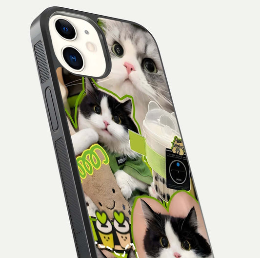 Matcha Cats Mood Glass Case for iphone-12 close-up angled shot showing adorable cat art and reflection detail
