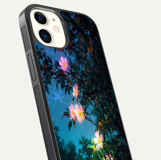 Midnight Bloom Glow Glass Case for iphone-12 close-up angled shot showing petal highlights and glow reflection