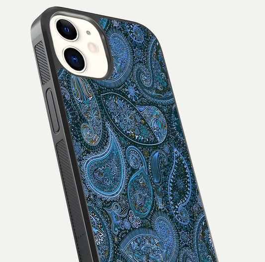 Midnight Paisley Glow Glass Case for iphone-12 close-up angled shot showing floral details and gloss texture