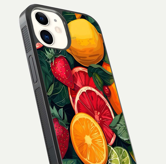 Multiple Fruits Glass Case for iphone-12 close-up angled shot showing fruit texture and HD gloss shine