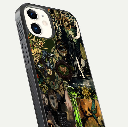 Mystic Woods Secret Glass Case for iphone-12 close-up angled shot highlighting tree texture and reflection