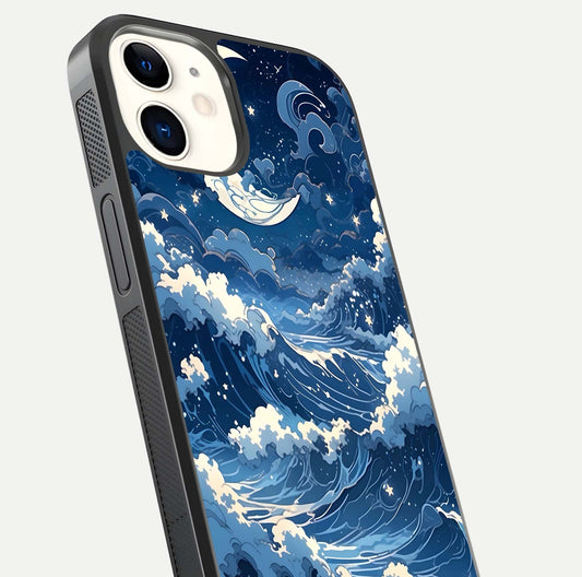 Ocean Moon Waves Glass Case for iphone-12 close-up angled shot showing HD reflection and calm tones