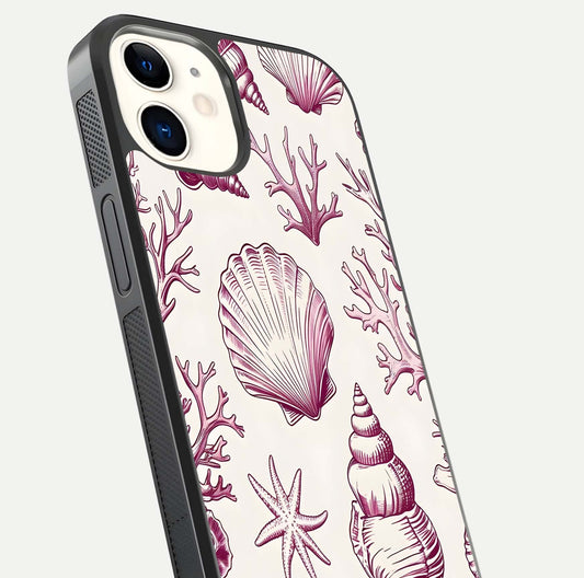 Pink Shells Outline Glass Case for iphone-12 close-up angled shot showing fine shell lines and reflection
