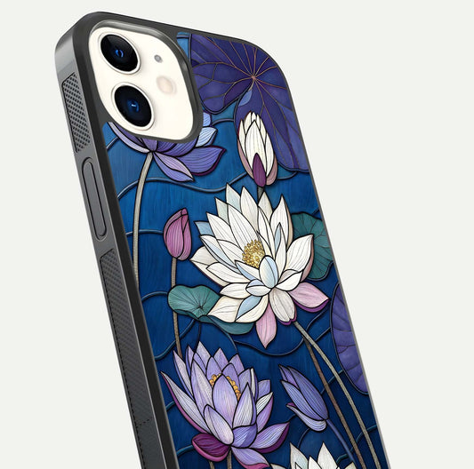 Purple Lotus Stained Glass Case for iphone-12 close-up angled shot highlighting glass pattern and reflection