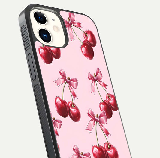 Red Cherries Pattern Glass Case for iphone-12 close-up angled shot showing cherry details and HD reflection