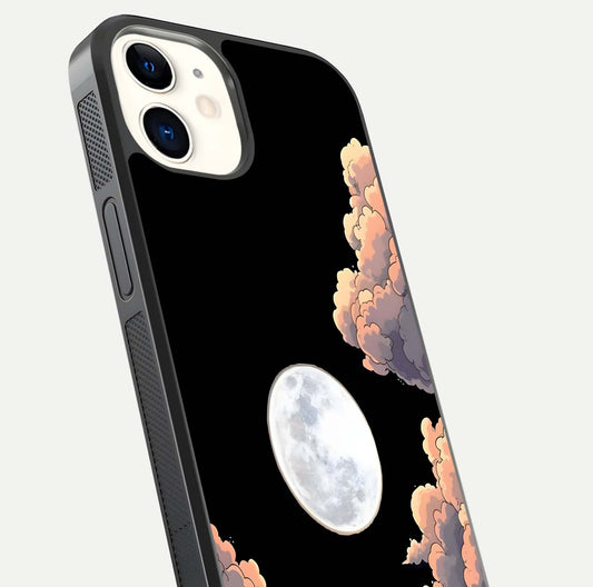 Shade Cloud Moon Glass Case for iphone-12 close-up angled shot highlighting moon reflection and depth