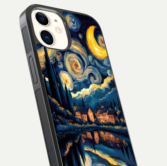 Starry Sky Serenity Glass Case for iphone-12 close-up angled shot highlighting light reflection and blue hues