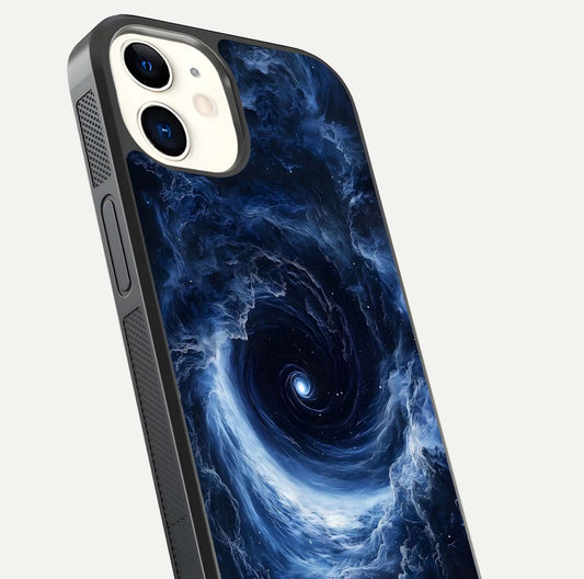 Stunning Galaxy Glass Case for iphone-12 close-up angled shot highlighting nebula tones and HD reflection